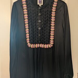 Black Button-Up Blouse with Colorful Trim